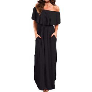 Women's Off Shoulder Black Summer‎ Casual Long Ruffle Beach Maxi Dress